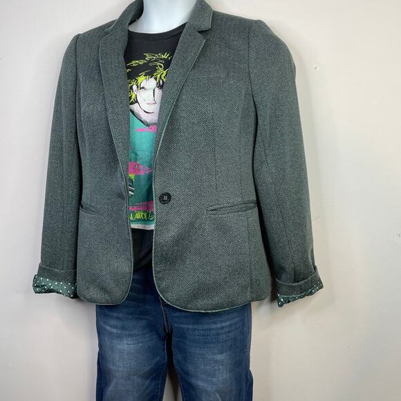 The Limited Green Gray Herringbone Tweed Classic Academia Blazer Jacket womens M - Picture 11 of 13